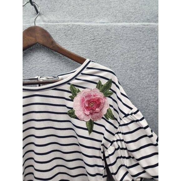 Fyve Womens Striped Top With Floral Embroidery Short Puff Sleeves Relaxed Fit S - Picture 2 of 7
